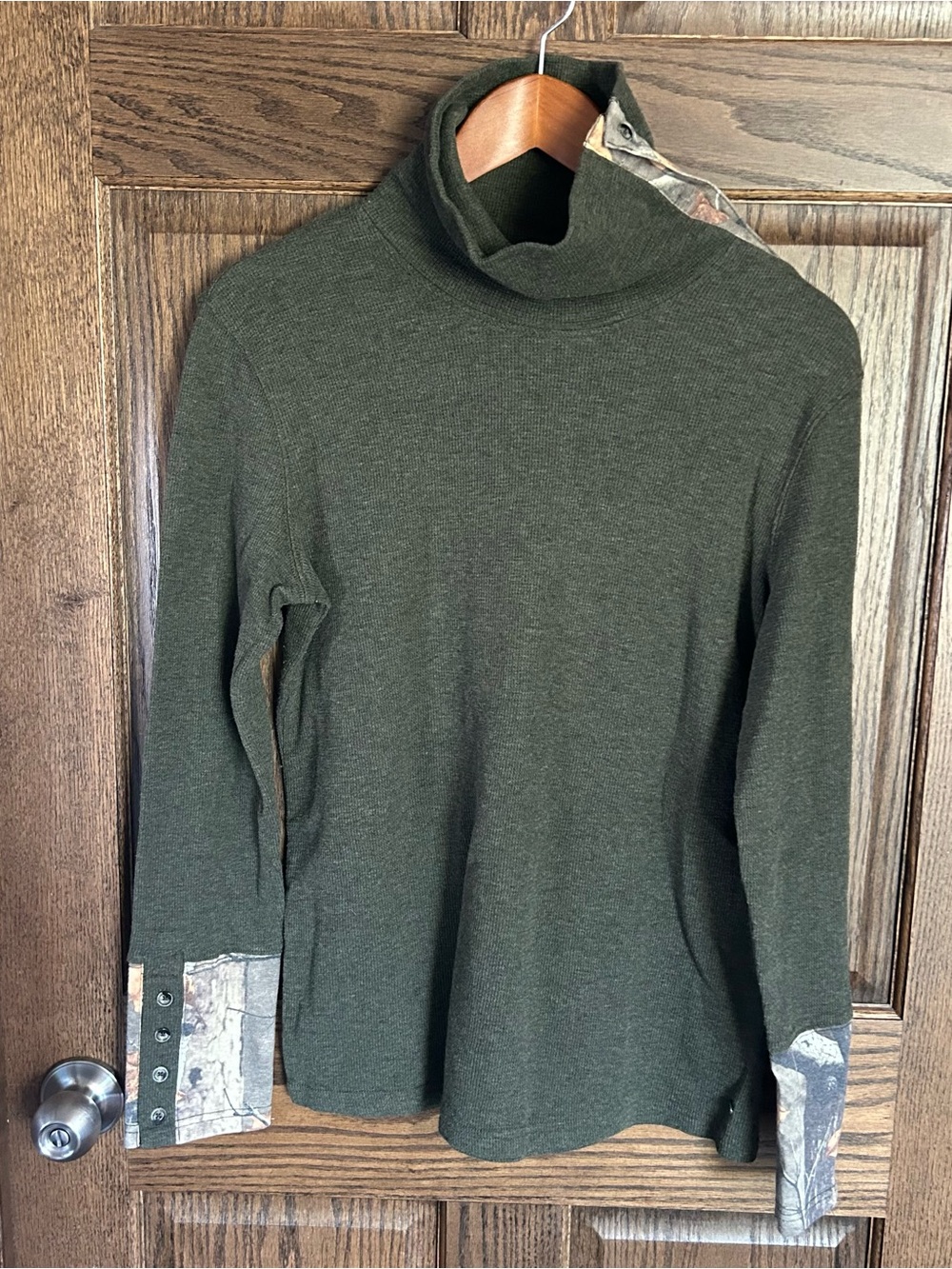 Olive Green Turtleneck Sweater with Camo Trim